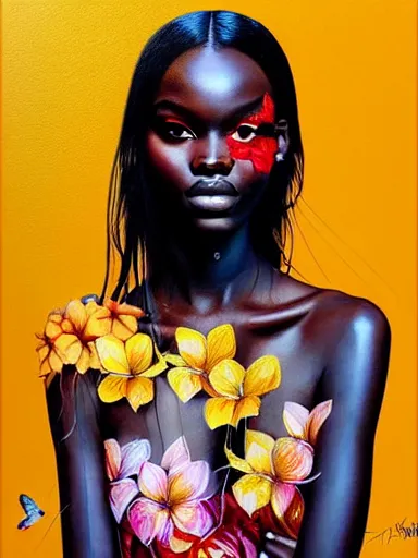 Image similar to portrait of duckie thot with a floral background : : painted by artgerm, karol bak, artur bordalo, sandra chevrier : : portrait, character, illustration, hyperrealism, photorealism,