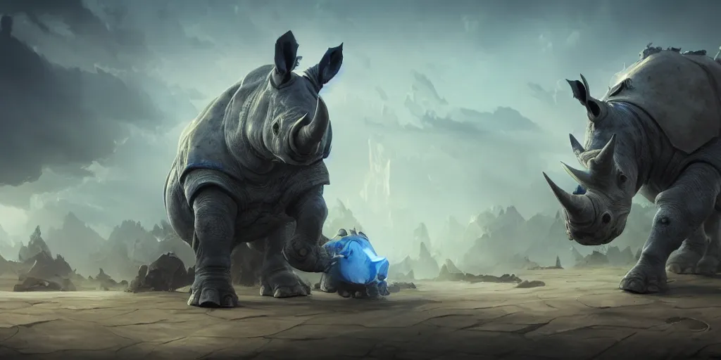 Prompt: an anthropomorphic blue Rhinoceros wearing plate paladin armor, forward facing angle, stunning 3d render , art by Tooth Wu and beeple and greg rutkowski and artgerm and justin gerard, dim volumetric lighting, 8k octane beautifully detailed render, post-processing, extremely hyperdetailed, intricate complexity, epic composition, grim yet sparkling atmosphere, masterpiece, trending on artstation