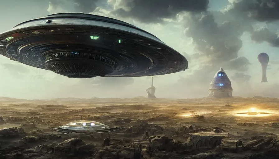 Image similar to a giant alien ufo high tech spaceship eerily hovering on nineveh on mesopotamia city landscape with beautiful shrines by greg rutkowski, artgerm, ross tran, magali villeneuve, intricate, time travel theme, audince in awe, spectacle, audience sorrounding, award winning, octane render, masterpiece, 8 k, beautiful