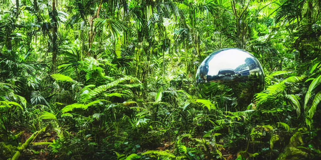 Image similar to photo of a chrome blob deep in tropical jungle, sharp wide shot