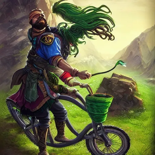 Image similar to a bearded and long haired bicycle food delivery worker with a green bag on his back in ireland, he has boots, hearthstone art style, epic fantasy style art by kim jung gi, fantasy epic digital art