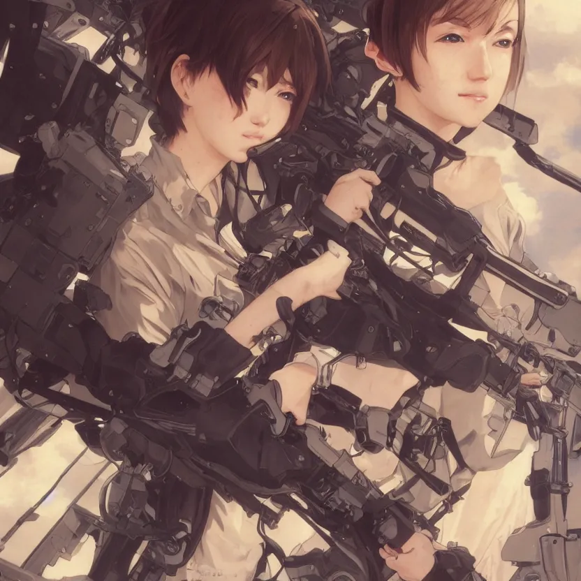 Image similar to a flying girl, fused aircraft parts, military pilot clothing, anime style, short hair, hair down, symmetrical facial features, from arknights, hyper realistic, 4 k, rule of thirds, extreme detail, detailed drawing, trending artstation, hd, realistic lighting, by alphonse mucha, greg rutkowski, shoulder eyes, backlit