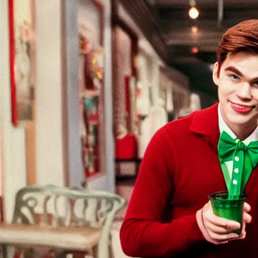 Prompt: Archie Andrews wearing a green bow tie and a black sweater drinking a strawberry milkshake