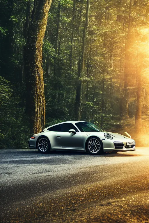 Image similar to Phot of a Porsche 911 Carrera 3.2 parked on a road, forest in the background, volumetric lighting, golden hour, fog, award winning, highly detailed, photo print.