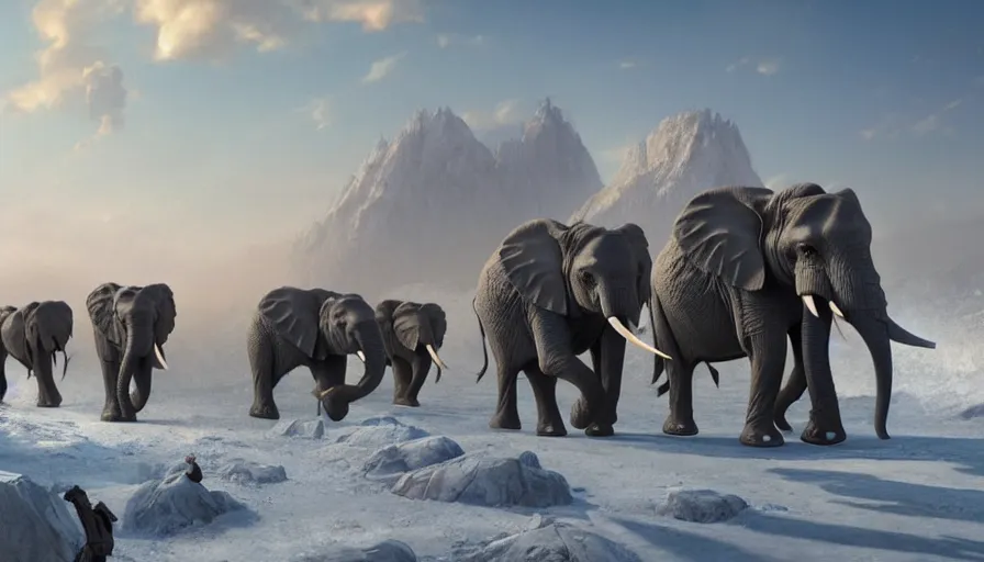 Image similar to A highly detailed matte painting of African elephants wearing battle armor marching in snow mountain landscape by Studio Ghibli, Makoto Shinkai, by Artgerm, by beeple, by Greg Rutkowski, volumetric lighting, octane render, 4K resolution, trending on artstation, masterpiece