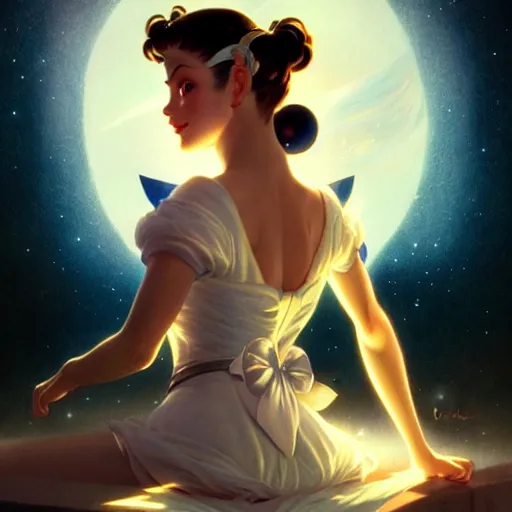 Prompt: of Sailor Moon, dark fantasy, medium shot, intricate, elegant, highly detailed, digital painting, volumetric light, artstation, concept art, smooth, sharp focus, illustration, art by Gil Elvgren and Greg Rutkowski and Alphonse Mucha