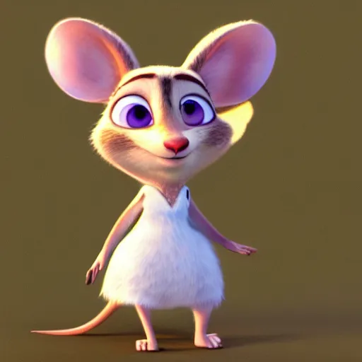 Prompt: 3 d render, portrait, anthropomorphic mouse, female, in a maxi white dress, in the style of zootopia, closeup, artstation