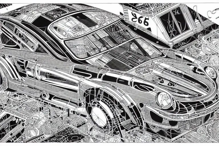 a black and white drawing of a porsche 9 5 9 | Stable Diffusion | OpenArt