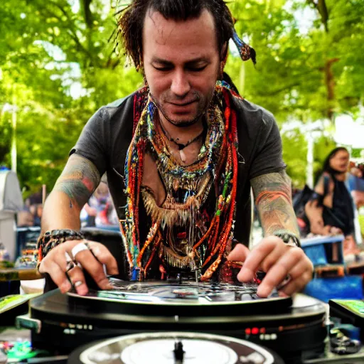 Prompt: a shaman dj playing turntables in outdoor nature background with a garland around his neck made of 9 0 0 thumbs, high detailed