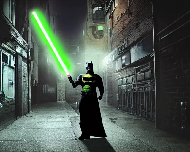 Image similar to a photograph of Batman holding a green lightsaber in a dark city alleyway at nighttime