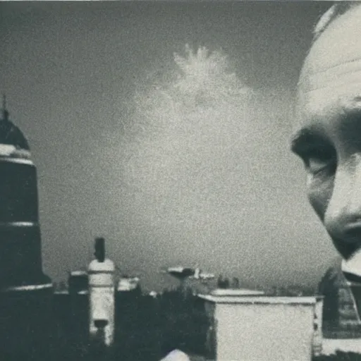 Prompt: Vladimir putin looking at an atomic bomb explosion. polaroid. bleak.