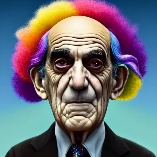 Image similar to abe vigoda looking at the camera, she has rainbow hair and a beautiful unconventional face, there is an explosion of flowers in the background, elegant, highly detailed, digital painting, artstation, realism, concept art, pop, smooth, mythological, sharp focus, qualia, illustration, art by mark ryden 3 d 8 k ultra detailed