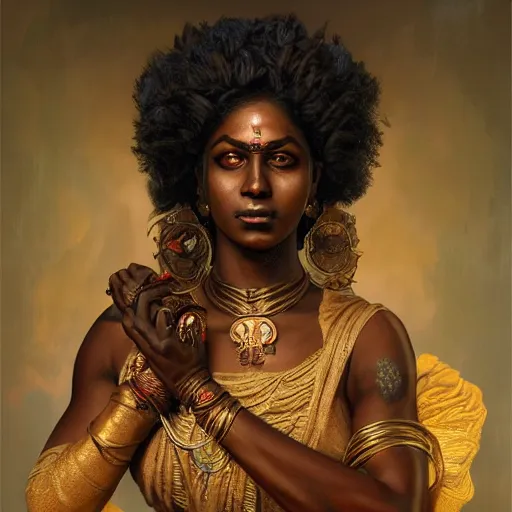 Image similar to portrait painting of a black muscular south indian woman, sari, ultra realistic, concept art, intricate details, eerie, horror, highly detailed, photorealistic, octane render, 8 k, unreal engine. art by artgerm and greg rutkowski and alphonse mucha