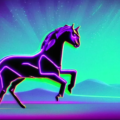 Image similar to A synthwave horse inspired by Tron. Trending on Artstation. Digital screenshot. Faded film grain. 1980s Computer Graphics.