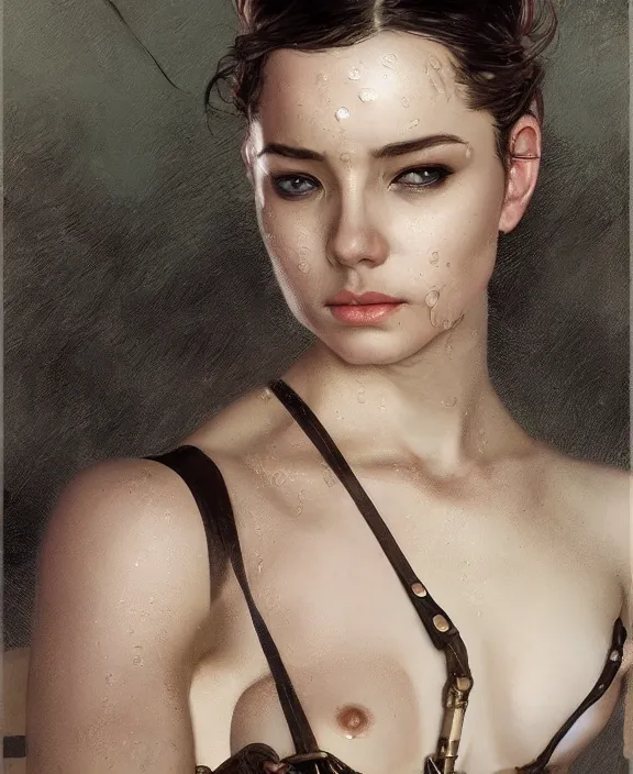 Image similar to a highly detailed portrait, intricate leather suspenders, wet silk, honey birdette, realistic portrait, deep focus, matte, digital painting, artstation, concept art, smooth, sharp focus, cinematic lighting, art by artgerm and greg rutkowski and alphonse mucha, araki nobuyoshi, anders petersen