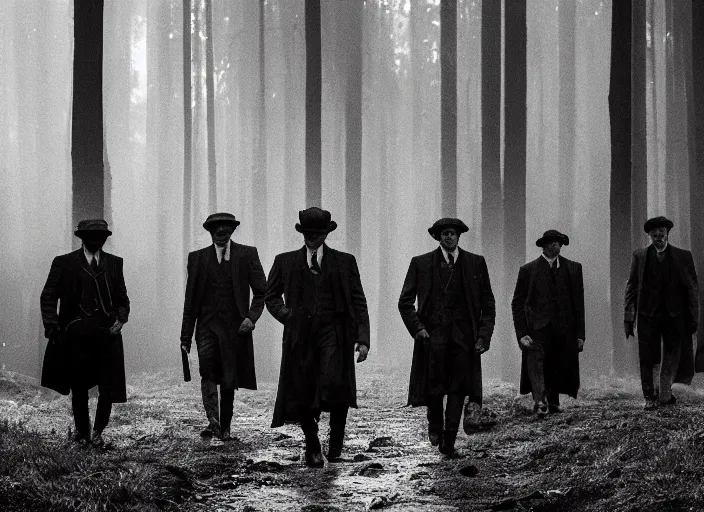 Image similar to an an scene from peaky blinders, medium long shot, filmed in the dark woods, guns fired, leonardo dicaprio and daniel day - lewis, faces covered in shadows, detailed and symmetric faces, black and white, cinematic, epic,