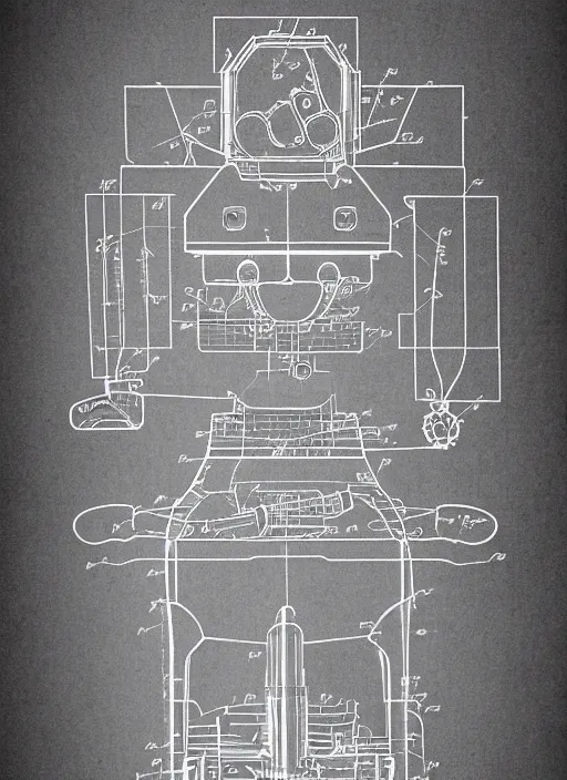 Image similar to mech to human mind uplink schematic by thomas hubert. in the style of a 1 9 8 3 patent design diagram