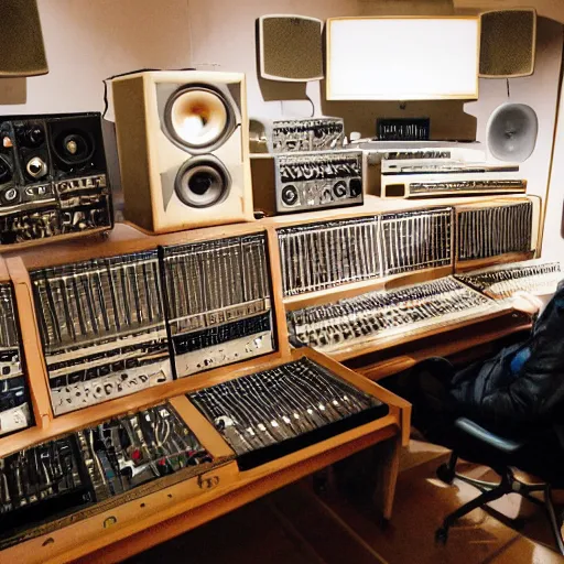 Prompt: deejay in vintage music studio full of old machines, mixers and speakers