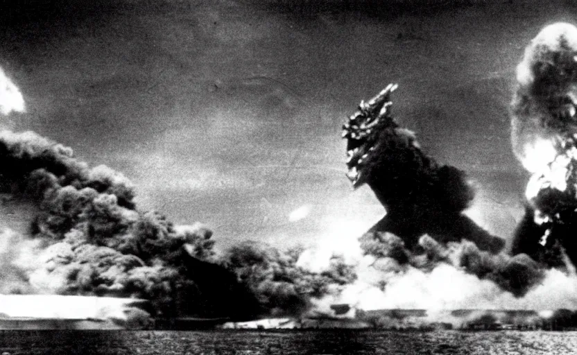 Image similar to a filmstill of Kim Jong-il, monster destroying Pyongyang, in Godzilla (1954) by Ishirō Honda, epic ultrawide shot, cinémascope