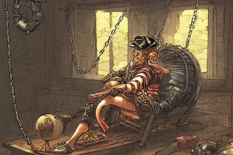 Prompt: aesthetic digital illustration of a pirate wearing a ball and chain by masamune shirow and alex horley - orandelli, sitting on a cot under a barred window inside a prison, centered, deviantart