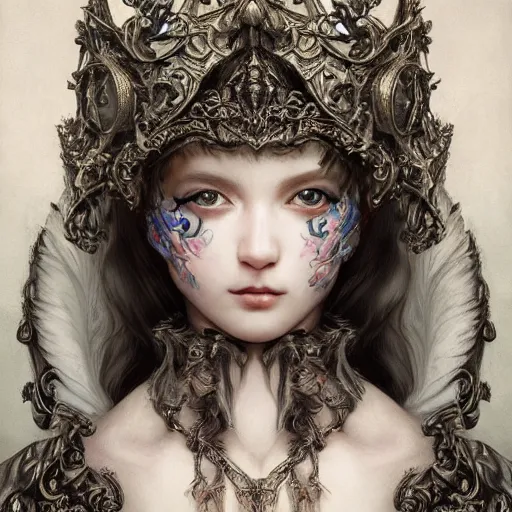 Image similar to A masterpiece ultrarealistic ultradetailed portrait of a Incredibly beautiful angel princess with Royal Tevton Knight Skull Full Iron Helmet mask. baroque renaissance girl in the night forest. medium shot, intricate, elegant, highly detailed. trending on artstation, digital art, by Stanley Artgerm Lau, WLOP, Rossdraws, James Jean, Andrei Riabovitchev, Marc Simonetti, Yoshitaka Amano. background by James Jean and Gustav Klimt, light by Julie Bell, 4k, porcelain skin.