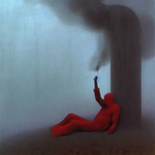 Prompt: a lonely man curled up with black smoke coming out of him, on a white snowy post apocalyptic field, surronded by floating red female heads, painting by beksinski