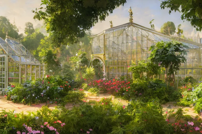Image similar to weed greenhouse, rococo style, greek architecture, green marble building, marijuana trees, multicolored weed leaves, dynamic lighting, landscape, artwork by jeremy lipkin and giuseppe dangelico pino and michael garmash and rob rey and greg manchess and huang guangjian and makoto shinkai, pixiv, 1 0 0 mm