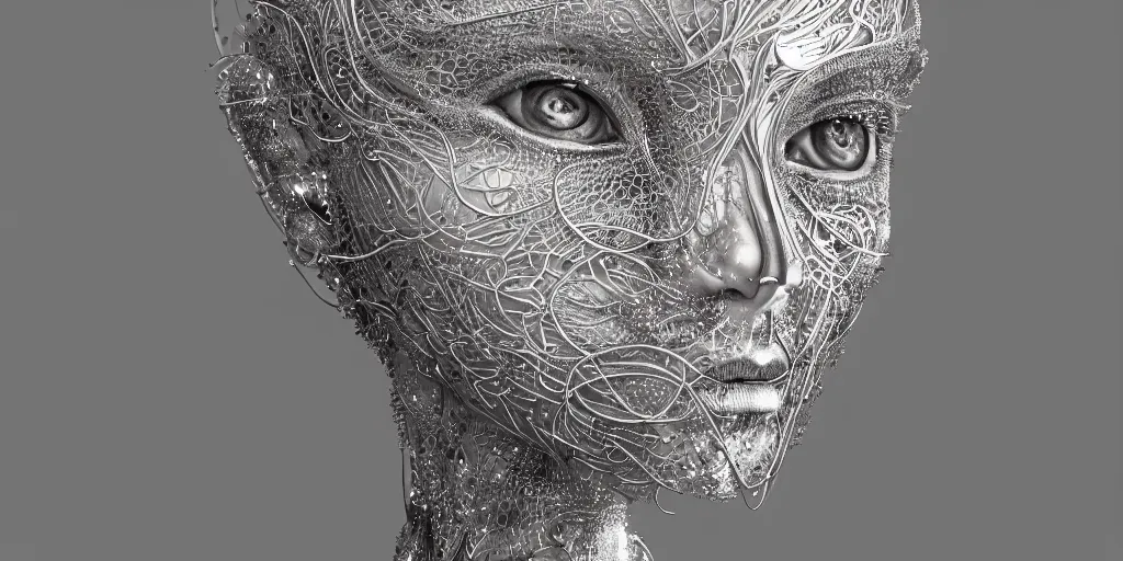 Prompt: hyper realistic photography of a beautiful cyborg androgynous humanoid, holding close, holding, affectionately, chrome finish intricate filigree, in the style of beth cavener, jin kagetsu, wlop, highly detailed, symmetry, masterpiece, concept art, ringflash, highkey lighting, ambient lighting, octane render, 8 k, artstation