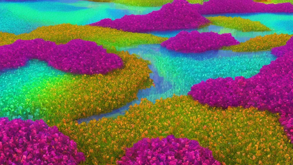 Prompt: digital illustration of a lake full of multi - colored megaflora petunia flowers by dr. seuss, reimagined by ilm and beeple : 1 | spectral color, electric color, rolling hills : 0. 9 | fantasy : 0. 9 | unreal engine, deviantart, artstation, hd, 8 k resolution : 0. 8