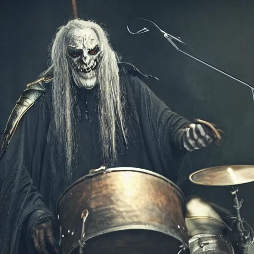 Image similar to Witchking from the lord of the rings playing drums, realism, photo realistic, high quality, misty, hazy, ambient lighting, cinematic lighting, studio quality