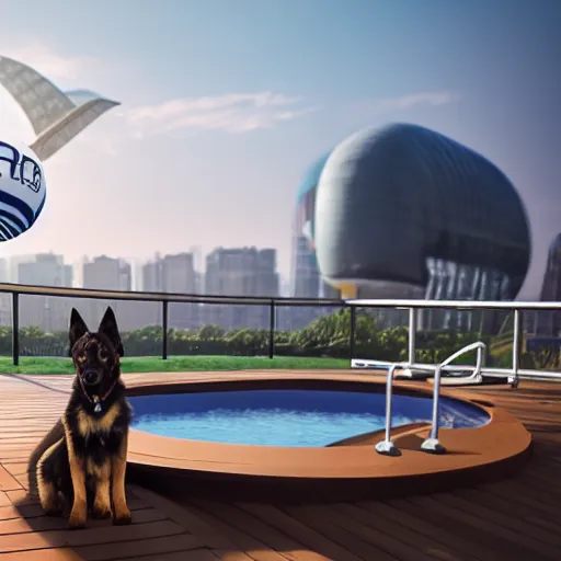 Prompt: a swanky gsd puppy relaxing at the pool on a penthouse rooftop with a futuristic blimp anchor in the background, 8K, 4K, UE5, Octane, 3D, digital art, RTX, Ray Tracing, Bokeh, happeening