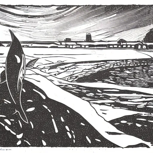 Prompt: linoprint of a salmon breaking ice on the river ex libris