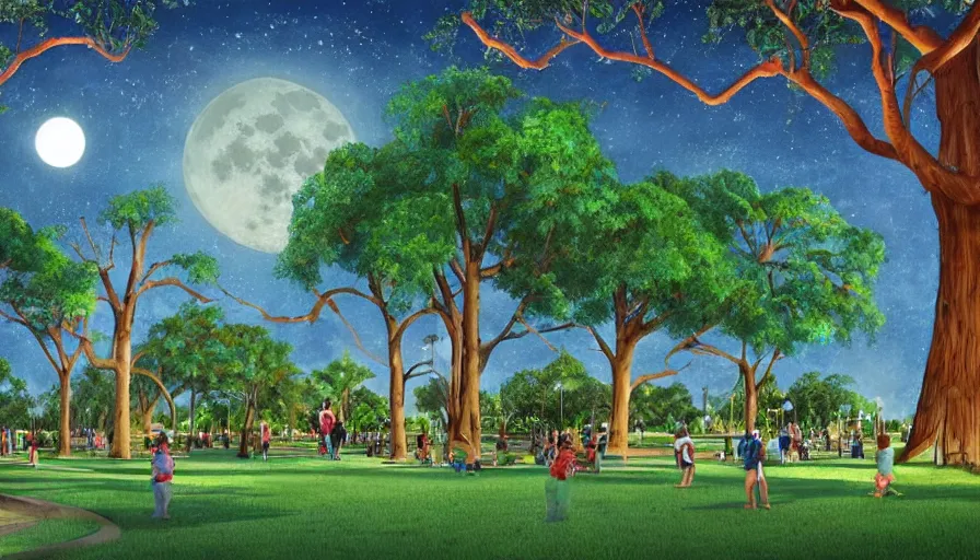 Image similar to a city park in Merida Yucatan Mexico with Ceiba trees and a full moon. fantasy illustration