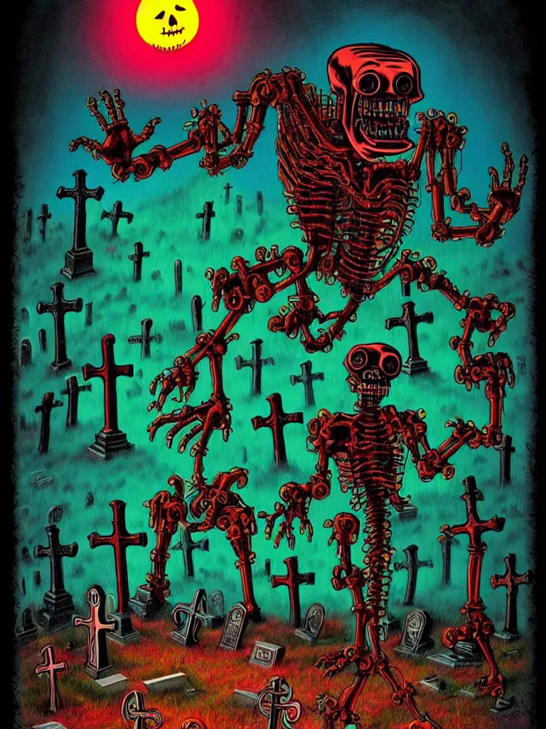 Prompt: Vibrant Colorful Vintage Horror Illustration of a Technological Machine Nightmare Monster Emerging from a Cemetery with Grave Stones Surrounding. Glowing , Spooky lighting , Pinterest