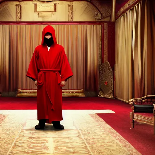 Prompt: a man wearing long red robes and mask standing in throne room arms spread out, cinematic