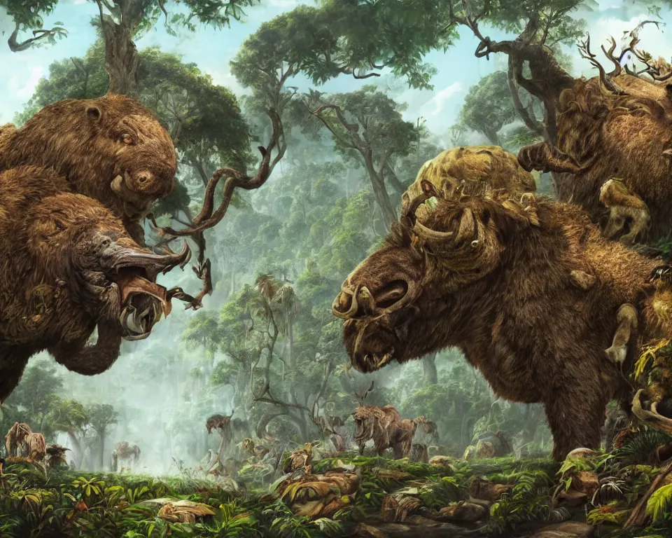 Image similar to the beastlands, megafauna, jungle landscape