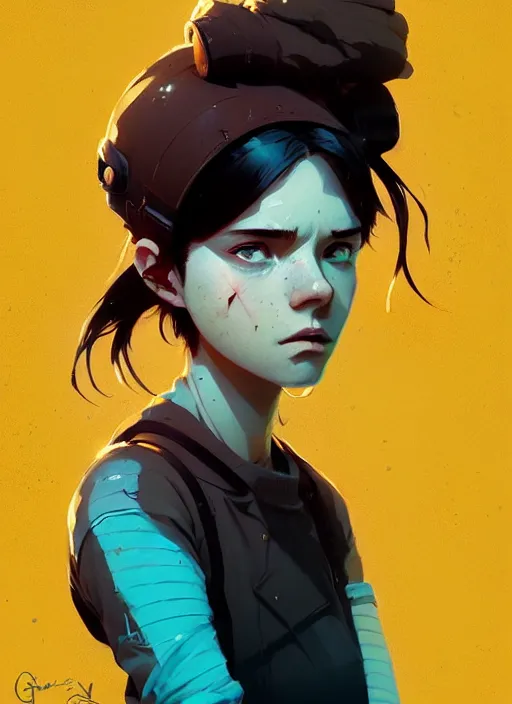 Image similar to highly detailed portrait of a moody dystopian young adult lady by atey ghailan, by greg rutkowski, by greg, tocchini, by james gilleard, by joe fenton, by kaethe butcher, gradient yellow, black, brown and cyan color scheme, grunge aesthetic!!! ( ( graffiti tag city background ) )