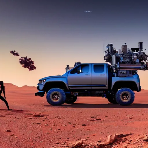 Image similar to 4 k hdr wide angle sony a 7 photo of a stainless steel shiny cybertruck surrounded by instagram model women on mars during a blue martian sunset