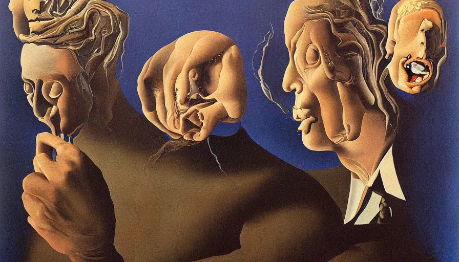 Image similar to parallel universe between forbidden knowledge and maddening strangeness by salvadore dali and rene magritte, extremely high detail, 8 k