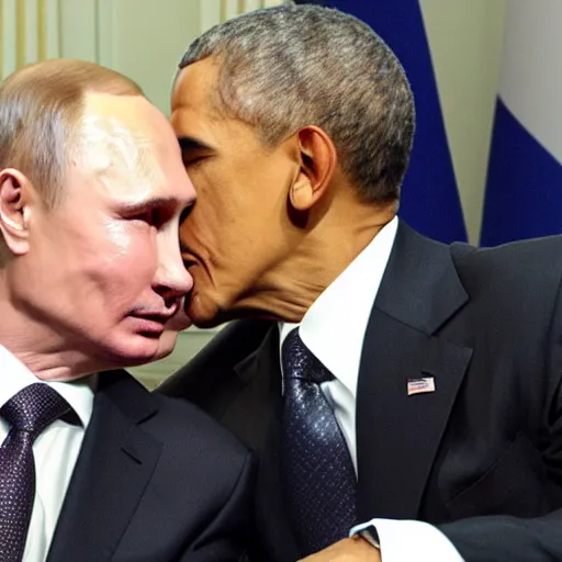 Prompt: putin kissing obama