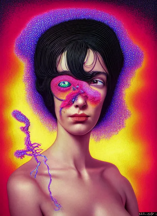 Prompt: hyper detailed 3d render like a Oil painting - Ramona Flowers with wavy black hair wearing thick mascara seen Eating of the Strangling network of colorful yellowcake and aerochrome and milky Fruit and Her staring intensely delicate Hands hold of gossamer polyp blossoms bring iridescent fungal flowers whose spores black the foolish stars by Jacek Yerka, Mariusz Lewandowski, Houdini algorithmic generative render, Abstract brush strokes, Masterpiece, Edward Hopper and James Gilleard, Zdzislaw Beksinski, Mark Ryden, Wolfgang Lettl, Dan Hiller, hints of Yayoi Kasuma, octane render, 8k