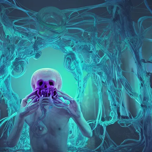 Image similar to a human Skull mutating into flowers, tentacles, unnatural shapes, surrounded by jellyfish tentacles reaching out, coherent human Skull, insects, chaotic octane render, 3d digital art by beeple, unreal engine 5, award winning,