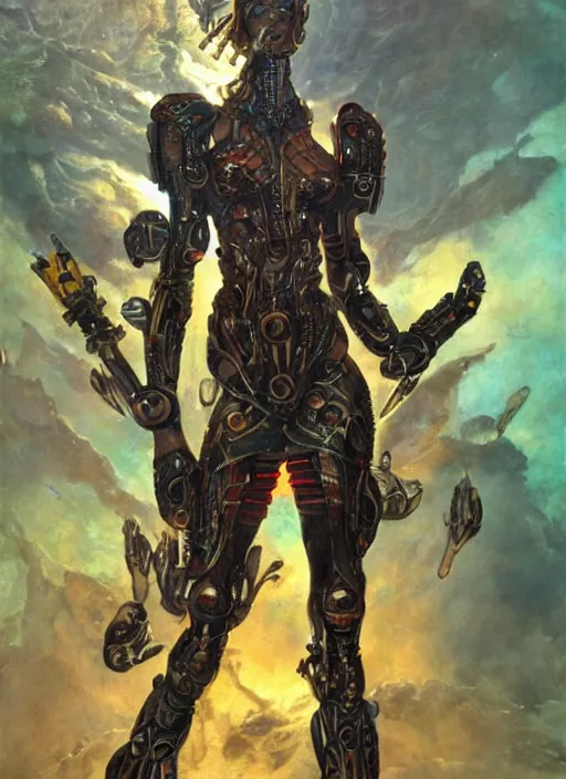 Image similar to biblical daemonic bautiful cyborg girl with glowing veins, shoulder pads, rocket launcher, on planet jupiter, underwater photography, by gerald brom, by mikhail vrubel, by peter elson, muted colors, extreme detail, trending on artstation, 8 k