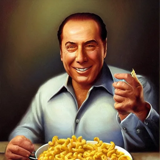 Prompt: portrait of silvio berlusconi sitting in a bathtub full of mac and cheese, an oil painting by bob ross and thomas kincade