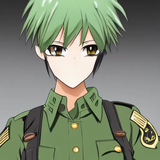 Image similar to brunette woman, bright green eyes, short hair, flipped out hair, military uniform, anime style