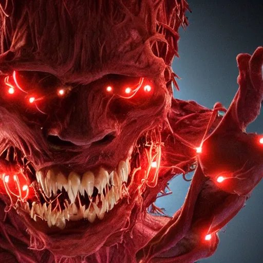 Image similar to a mechanical and human hybrid, fleshy computer clump, clumps of hair, teeth, led, lights, blood, doom monster,