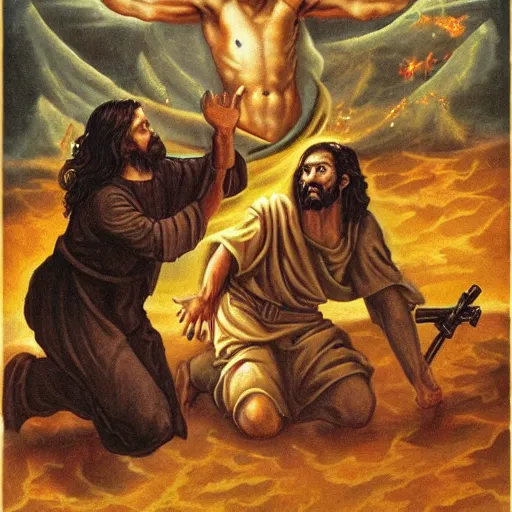 Image similar to jesus with guns killing demons