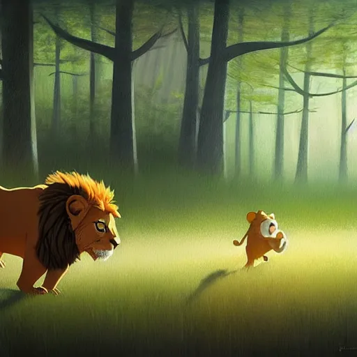 Prompt: goro fujita ilustration a ( ( ( real life lion ) ) ) walking in the forest, painting by goro fujita!!!, sharp focus, highly detailed, artstation