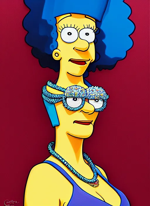 Image similar to oil portrait of marge simpson, intricate, elegant, highly detailed, lighting, painting, artstation, smooth, illustration, art by greg rutowski and alphonse mucha