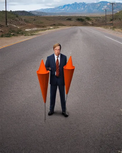 Image similar to film still saul goodman depressed, mountain backround with a traffic cone nearby.